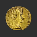 Ancient Golden Coin With Detailed Portrait Sculpture And Caesar Augustus Inscriptions