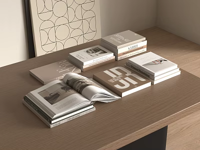 Stylish Open Books and Stacked Magazines on Wooden Desk Neutral Tones 3d model