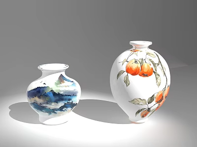 Artistic Ceramic Vases with Landscape and Fruit Leaf Patterns for Home Decor 3d model