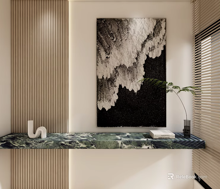 Modern Interior Corner Featuring Black White Wave Art Marble Shelf And Decor 3d model 