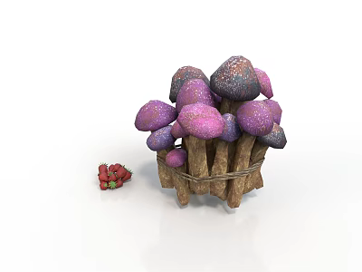 Fresh Purple and Dark Purple Mushrooms in Wooden Basket with Red Berries 3d model
