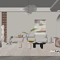 Modern Living Room With Beige Sofa Rug Coffee Tables Pendant Light Wall Art Arched Doorway
