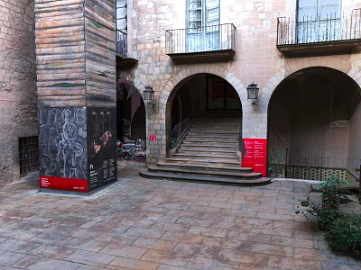 European Style Architecture With Stone Arches Staircase Balconies And Paved Courtyard 3d model