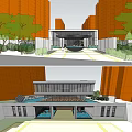 Urban Modern Post Station with High Rise Buildings Landscaped Greenery and Water Features