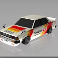 Toyota RSC White Race Car With Red And Yellow Stripes And Sponsor Logos