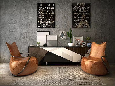 Brown Leather Single Sofa in Interior with Geometric Cabinet Wall Art and Plants 3d model