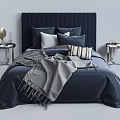 Modern Navy Blue Double Bed Interior With Tufted Headboard Decorative Pillows And Blanket 3d model