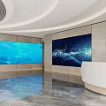 Modern Reception Desk Space With Digital Wall Art And Wooden Panel Decor