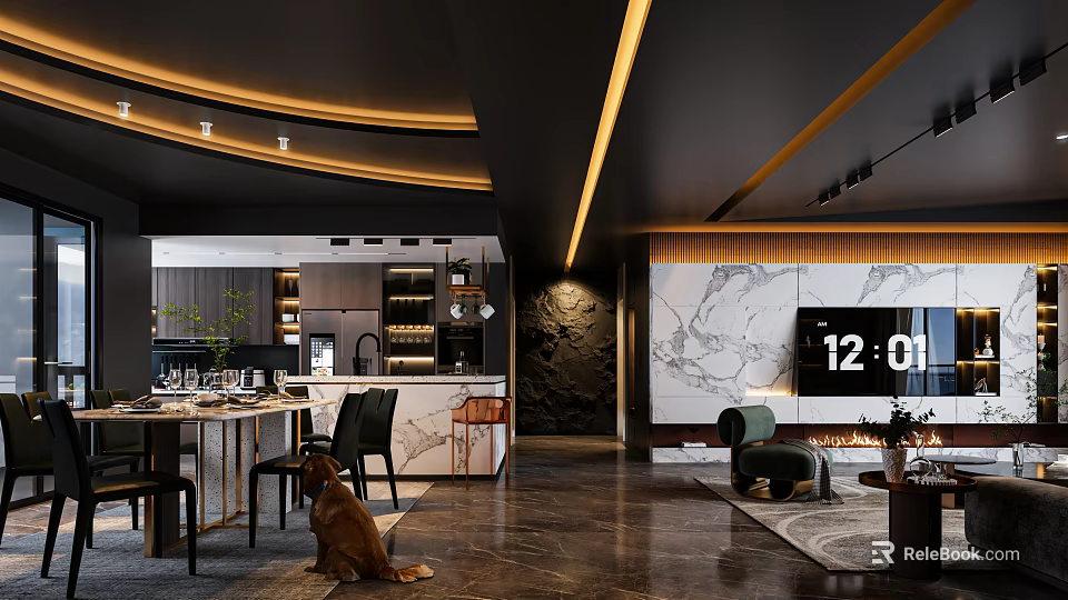 Modern Dark Dining and Living Room Interior With Marble Wall TV And Lighting 3d model 