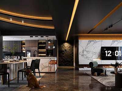 Modern Dark Dining and Living Room Interior With Marble Wall TV And Lighting 3d model