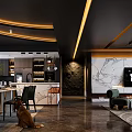Modern Dark Dining and Living Room Interior With Marble Wall TV And Lighting
