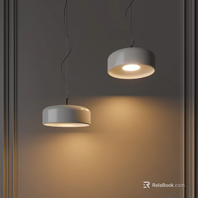 Modern Minimalist Two White Pendant Lights Hanging On Gray Interior Wall With Warm Glow 3d model 