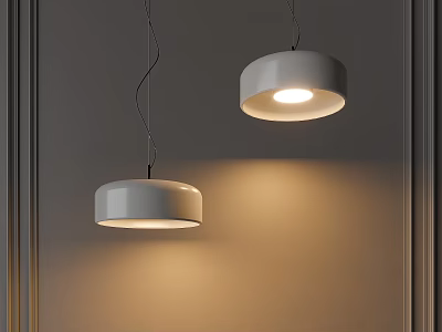 Modern Minimalist Two White Pendant Lights Hanging On Gray Interior Wall With Warm Glow 3d model