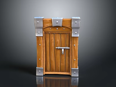 Sturdy Wooden Door With Metal Corners And Elegant Decorative Lock Details 3d model