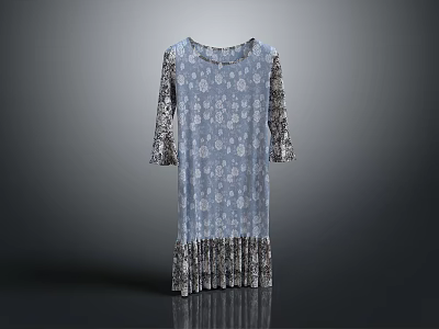 Light Blue Floral Pattern Dress With Three Quarter Sleeves And Pleated Hem 3d model