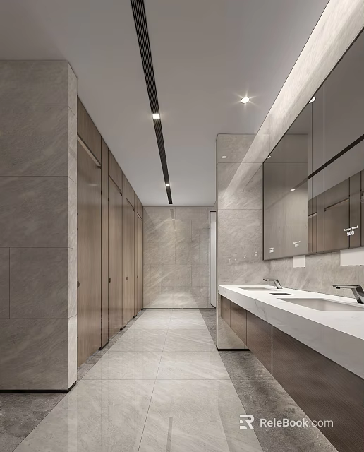 Modern Public Restroom Interior Design With Clean Stalls Sinks Mirrors And Marble Walls 3d model 