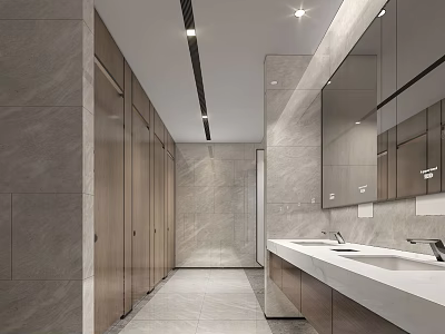 Modern Public Restroom Interior Design With Clean Stalls Sinks Mirrors And Marble Walls 3d model