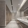 Modern Public Restroom Interior Design With Clean Stalls Sinks Mirrors And Marble Walls