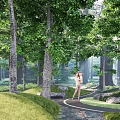 Scenic Park Landscape with Lush Trees Winding Path Green Grass and People Enjoying Walk