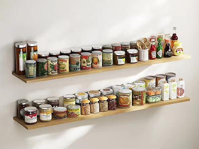 Organized Spice Jars And Condiment Bottles On Wooden Kitchen Shelves 3d model