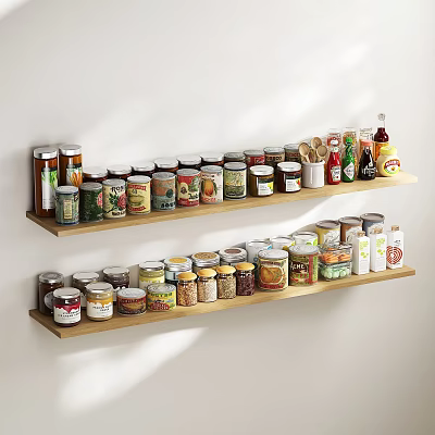 Organized Spice Jars And Condiment Bottles On Wooden Kitchen Shelves 3d model