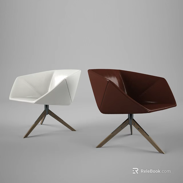 Modern Accent Chairs White and Brown Leather with Geometric Design Wooden Legs 3d model 