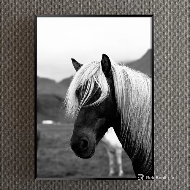 Black and White Horse Head Closeup Animal Painting with Mountains and Grassland Background 3d model 
