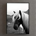 Black and White Horse Head Closeup Animal Painting with Mountains and Grassland Background