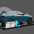 Display Shelves Showcasing Blue Car In Modern Setup With Striped Backdrop And Spotlights