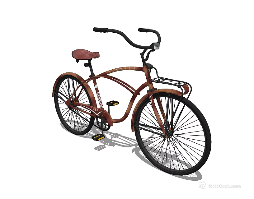 Vintage Brown Bicycle With Curved Frame Red Seat And Curved Handlebars 3d model 