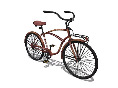 Vintage Brown Bicycle With Curved Frame Red Seat And Curved Handlebars 3d model