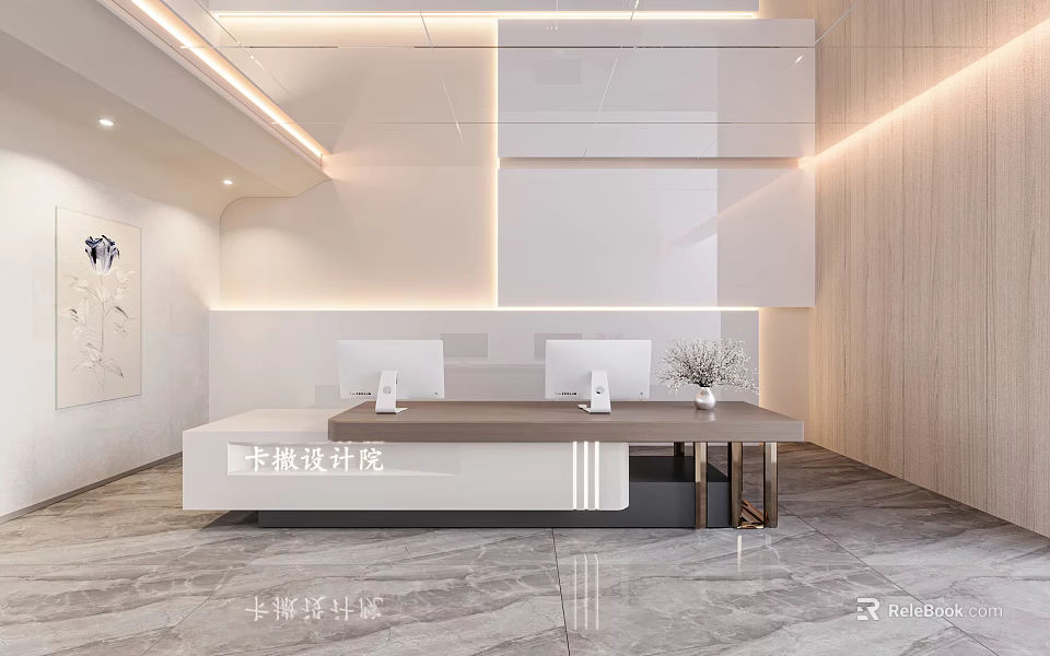 Modern Reception Desk Interior With White Counter Computer Monitors And Ambient Lighting 3d model