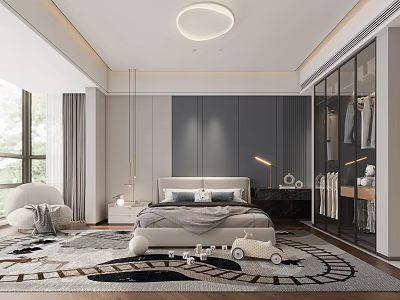 Modern Bedroom Interior With Round Ceiling Light Large Window Gray Walls And Open Wardrobe 3d model