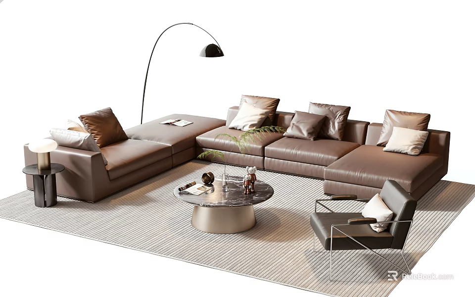 Modern Brown Leather Sectional Sofa And Round Coffee Table Set With Floor Lamp Accent Chair 3d model 