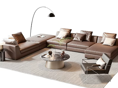 Modern Brown Leather Sectional Sofa And Round Coffee Table Set With Floor Lamp Accent Chair 3d model