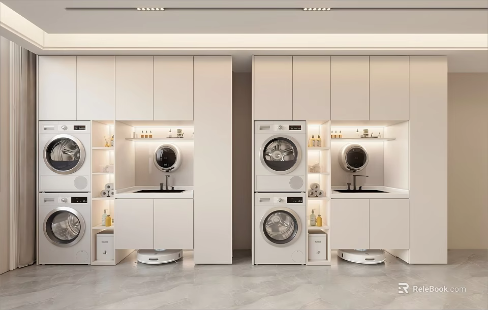 Modern Laundry Room With Stacked Washing Machine Dryer White Cabinets And Shelves 3d model 
