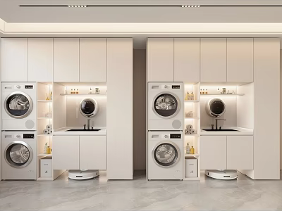 Modern Laundry Room With Stacked Washing Machine Dryer White Cabinets And Shelves 3d model