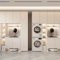 Modern Laundry Room With Stacked Washing Machine Dryer White Cabinets And Shelves