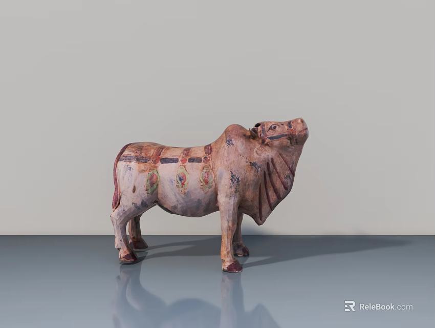 Hand Carved Painted Ox Sculpture With Decorative Patterns On Smooth Reflective Surface 3d model 