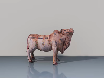 Hand Carved Painted Ox Sculpture With Decorative Patterns On Smooth Reflective Surface 3d model