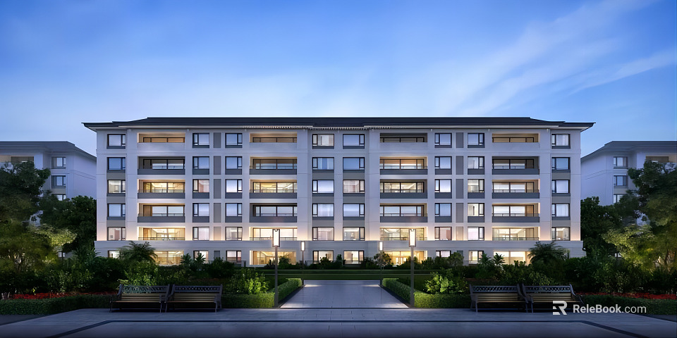 Modern Multi Story Apartment Building Evening View With Windows Greenery And Pathway 3d model 