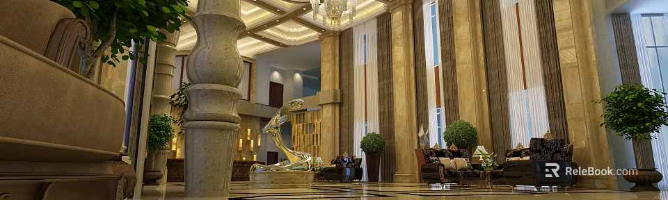 Hotel Lobby Interior Featuring Marble Columns Chandelier And Golden Sculpture 3d model 