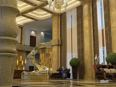 Hotel Lobby Interior Featuring Marble Columns Chandelier And Golden Sculpture 3d model