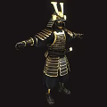 Game Movie Character in Golden Black Samurai Armor with Helmet and Armored Design