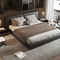 Modern Double Bed Interior With Dark Headboard Beige Bedding Nightstands And Accent Chair