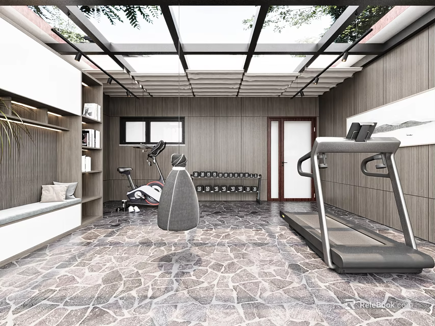 Modern Villa Balcony Gym With Skylight And Fitness Equipment 3d model 