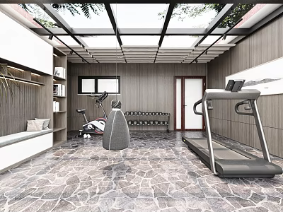 Modern Villa Balcony Gym With Skylight And Fitness Equipment 3d model