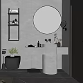 Modern Bathroom With Round Mirror Concrete Wall Shelf Black Toilet And Pedestal Sink