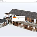 Rural Self-built House with Gray Tiled Roof Wooden Balcony Railings and Stone White Walls