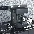 Stylish Black Coffee Machine On Black Marble Countertop With Textured Wall